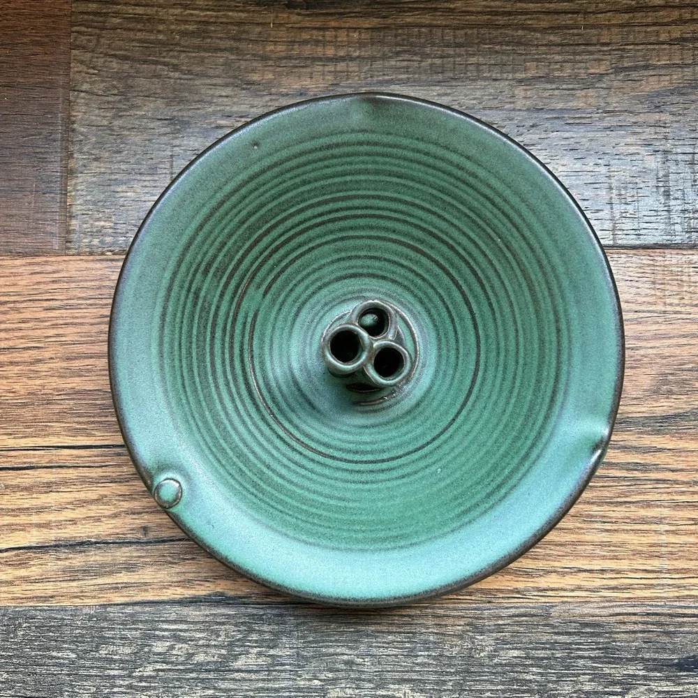 Studio Pottery Flower Frog Bowl Signed Green Glaze Ikebana Vase Holder